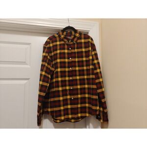 LL Bean Signature Mens Slim Fit Plaid Flannel‎ Shirt Yellow Red Black L 300556